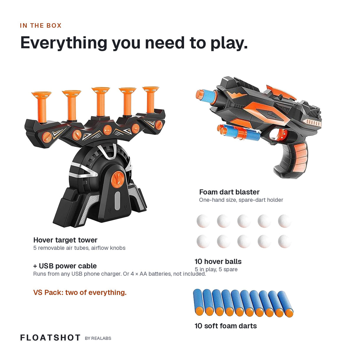 What's in the Floatshot box — hover target tower, foam dart blaster, 10 hover balls, 10 soft foam darts and a USB power cable