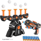 Floatshot hover target game by Realabs — five white balls floating above the orange-and-black tower, the foam dart blaster and 10 blue foam darts