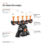 The Floatshot tower explained — five balls float on air, removable air tubes, airflow knobs, on/off switch, USB cable in the box or 4 AA batteries
