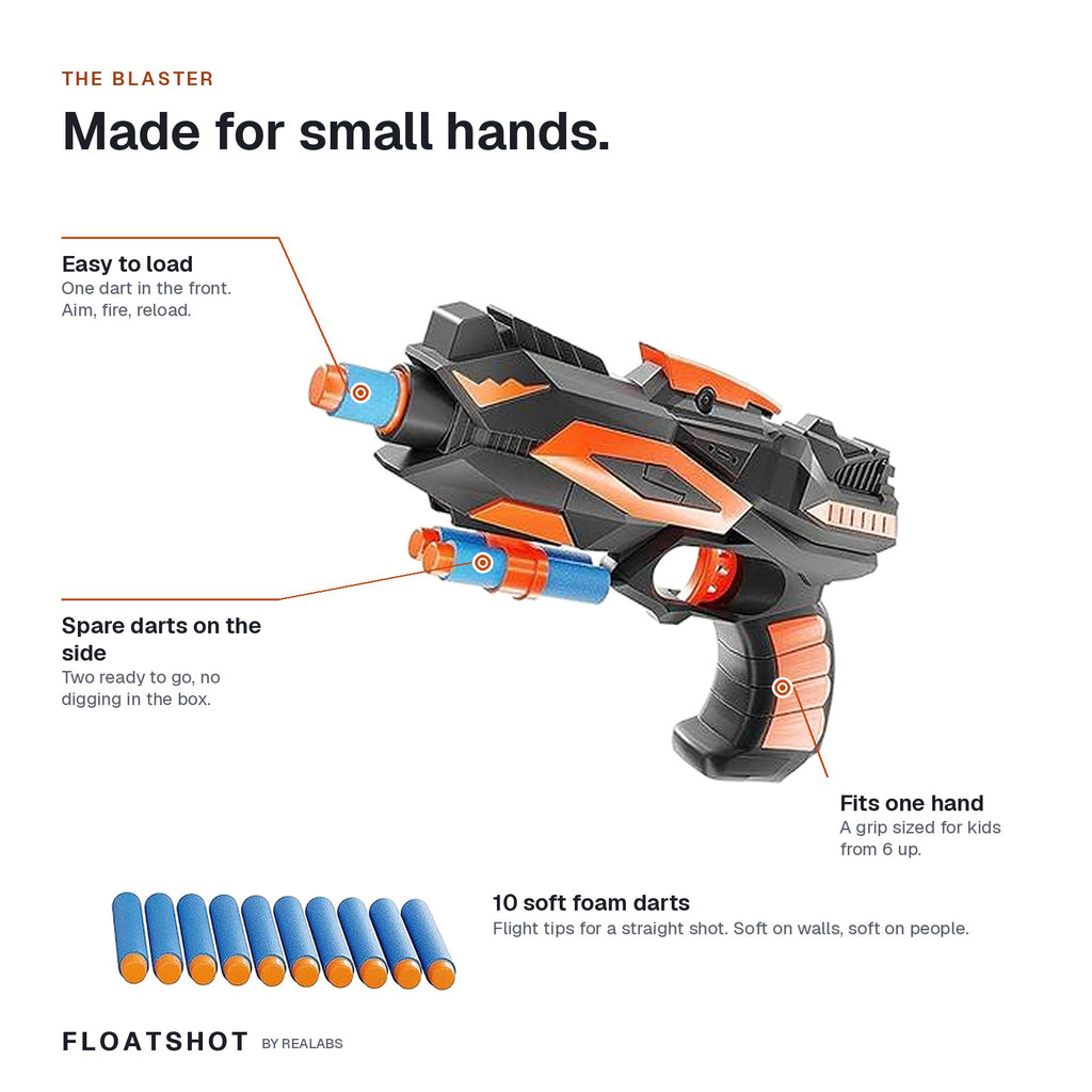 The Floatshot blaster explained — easy to load, spare darts on the side, a grip that fits one hand, with 10 soft foam darts
