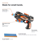 The Floatshot blaster explained — easy to load, spare darts on the side, a grip that fits one hand, with 10 soft foam darts