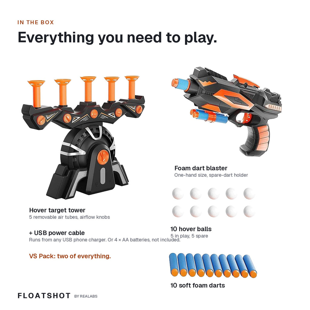 What's in the Floatshot box — hover target tower, foam dart blaster, 10 hover balls, 10 soft foam darts and a USB power cable