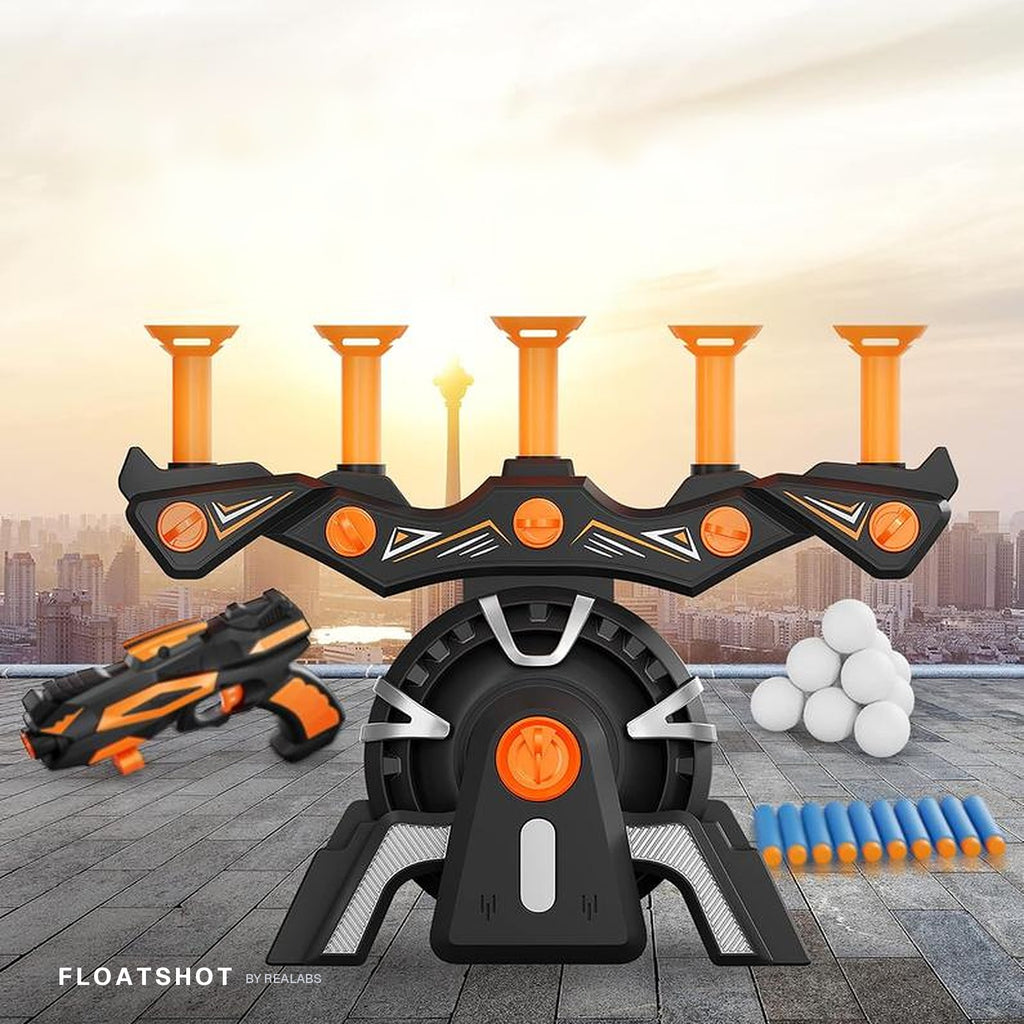 The full Floatshot kit set up outdoors — target tower, blaster, hover balls and foam darts