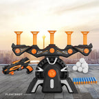 The full Floatshot kit set up outdoors — target tower, blaster, hover balls and foam darts