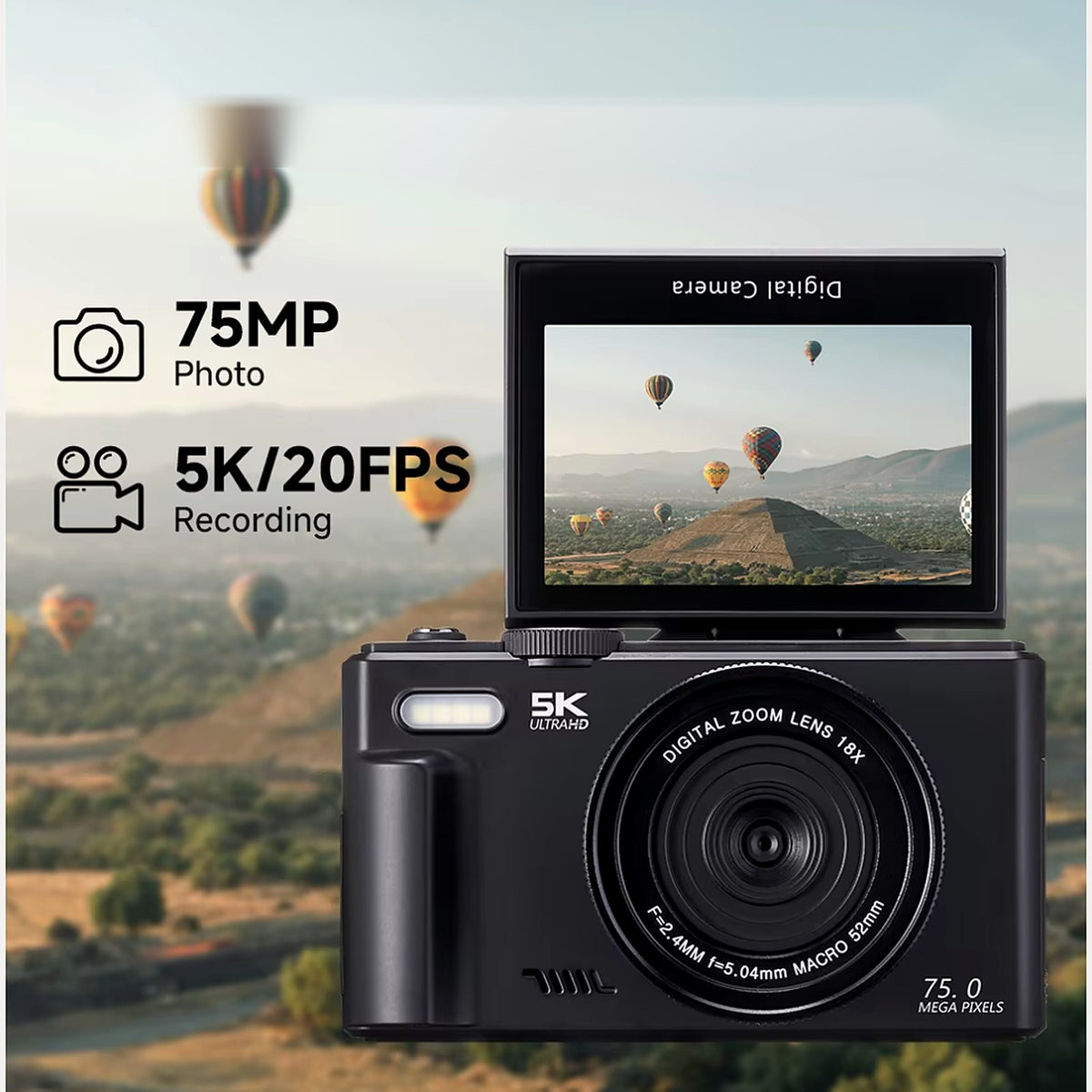Generation 4 camera in Black with the screen flipped up, marked 5K UltraHD and 75 megapixels, above a landscape of hot air balloons.