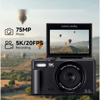 Generation 4 camera in Black with the screen flipped up, marked 5K UltraHD and 75 megapixels, above a landscape of hot air balloons.