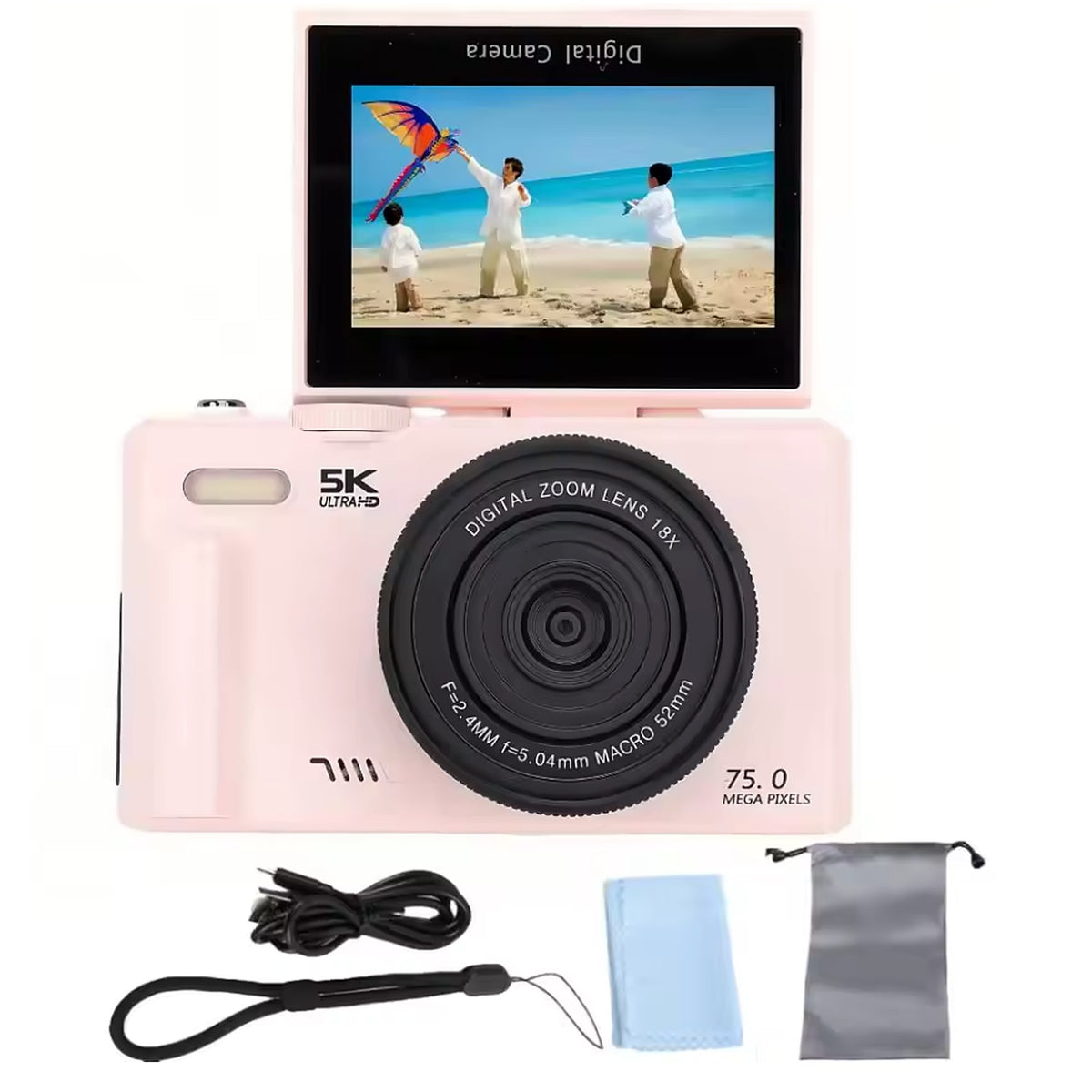 Generation 4 camera in Pink with the screen flipped up, shown with the USB cable, wrist strap, cleaning cloth and storage pouch that come with it.
