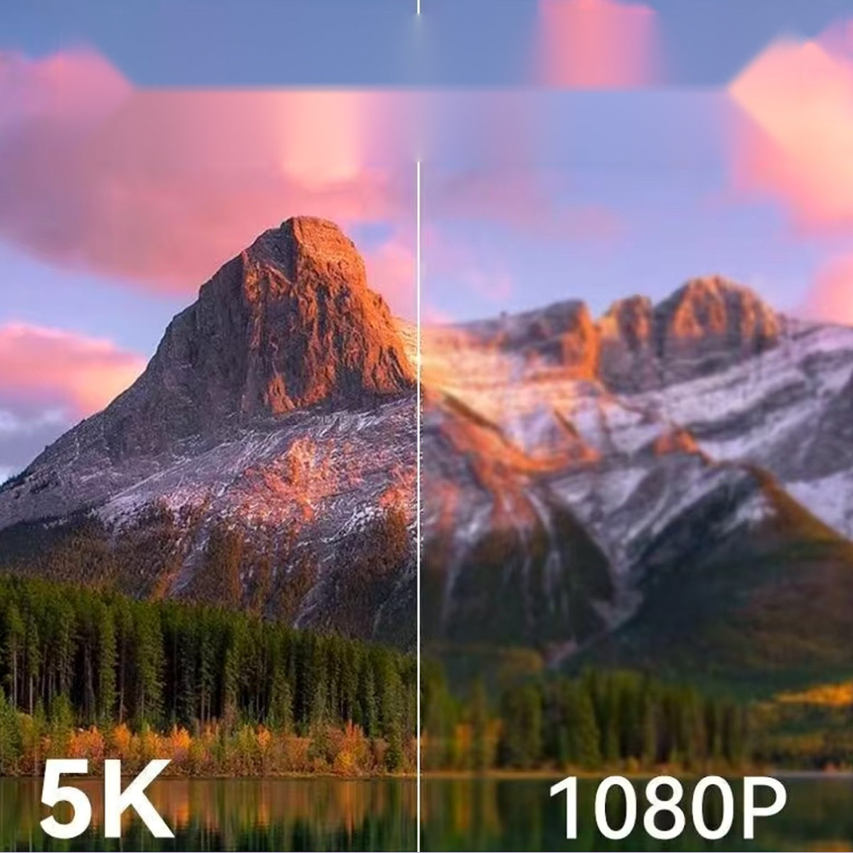 The same mountain and lake at sunset, split down the middle to compare a 5K frame with a 1080p frame.