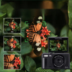 A butterfly on red flowers shown at 4x, 8x and 18x digital zoom, with the Generation 4 camera framing the same shot on its flip screen.
