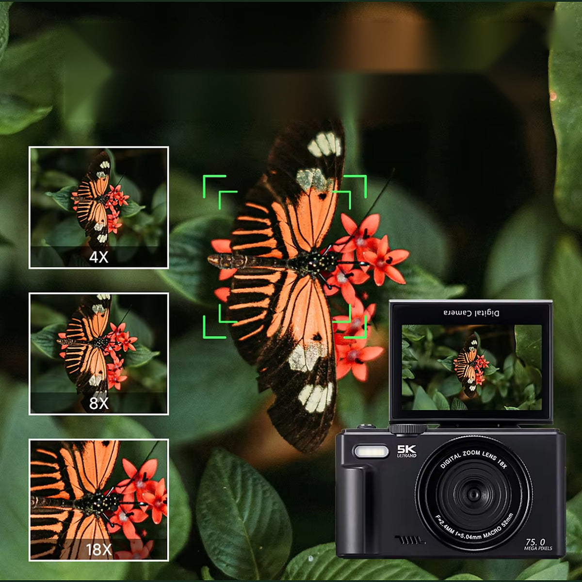 A butterfly on red flowers shown at 4x, 8x and 18x digital zoom, with the Generation 4 camera framing the same shot on its flip screen.