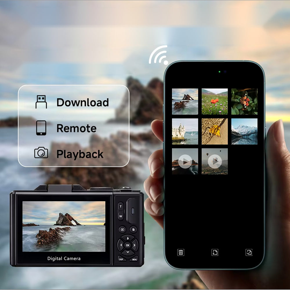 The Generation 4 camera next to a phone showing downloaded photos and videos, with labels for download, remote shooting and playback over WiFi.