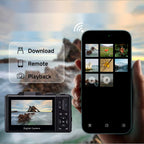 The Generation 4 camera next to a phone showing downloaded photos and videos, with labels for download, remote shooting and playback over WiFi.