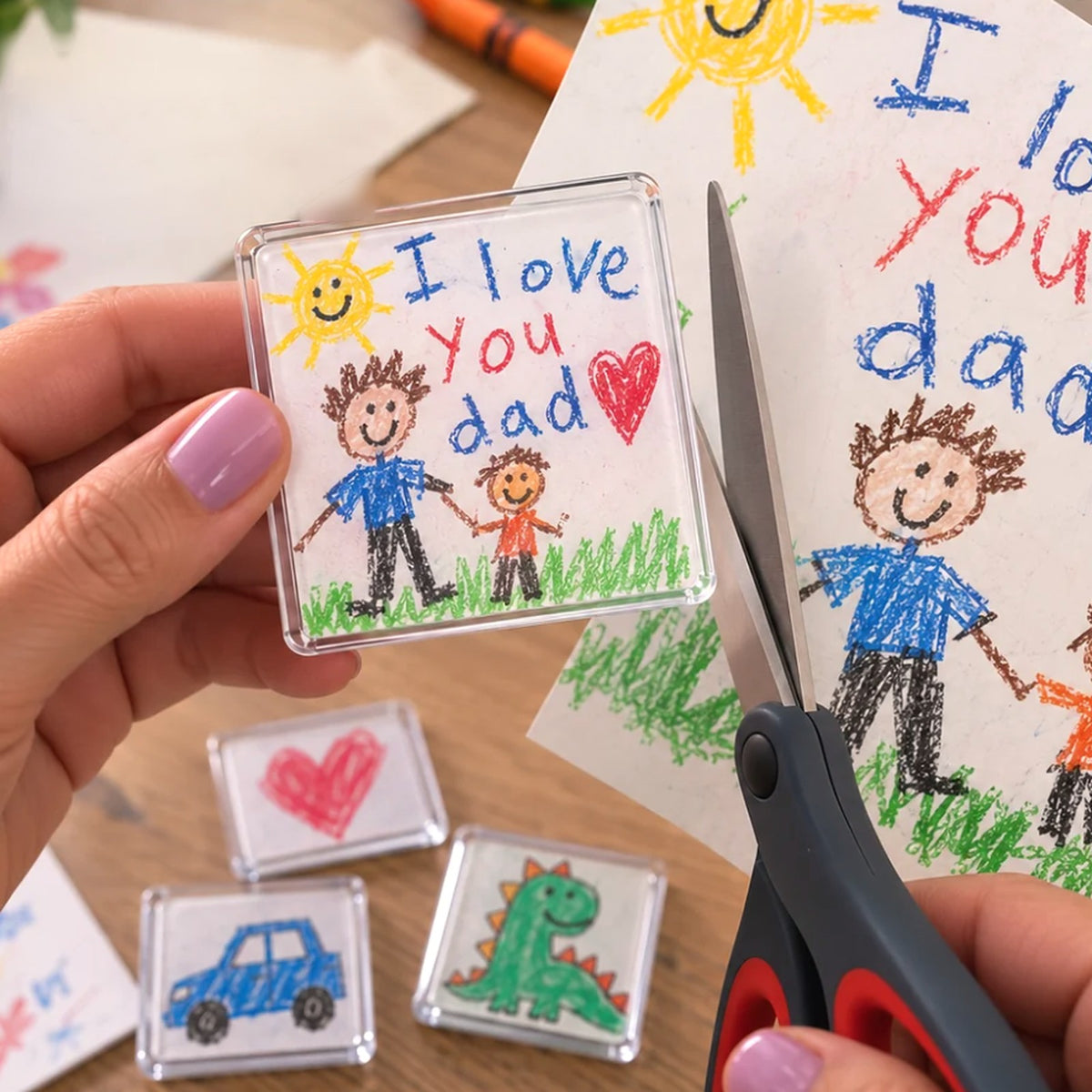 Parent cutting out a child's 'I love you dad' drawing with scissors, holding the finished Minigallery magnet