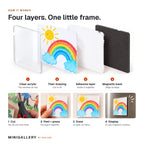 How Minigallery works: clear acrylic cover, the drawing, an adhesive layer and a magnetic back; cut, peel and press, then display