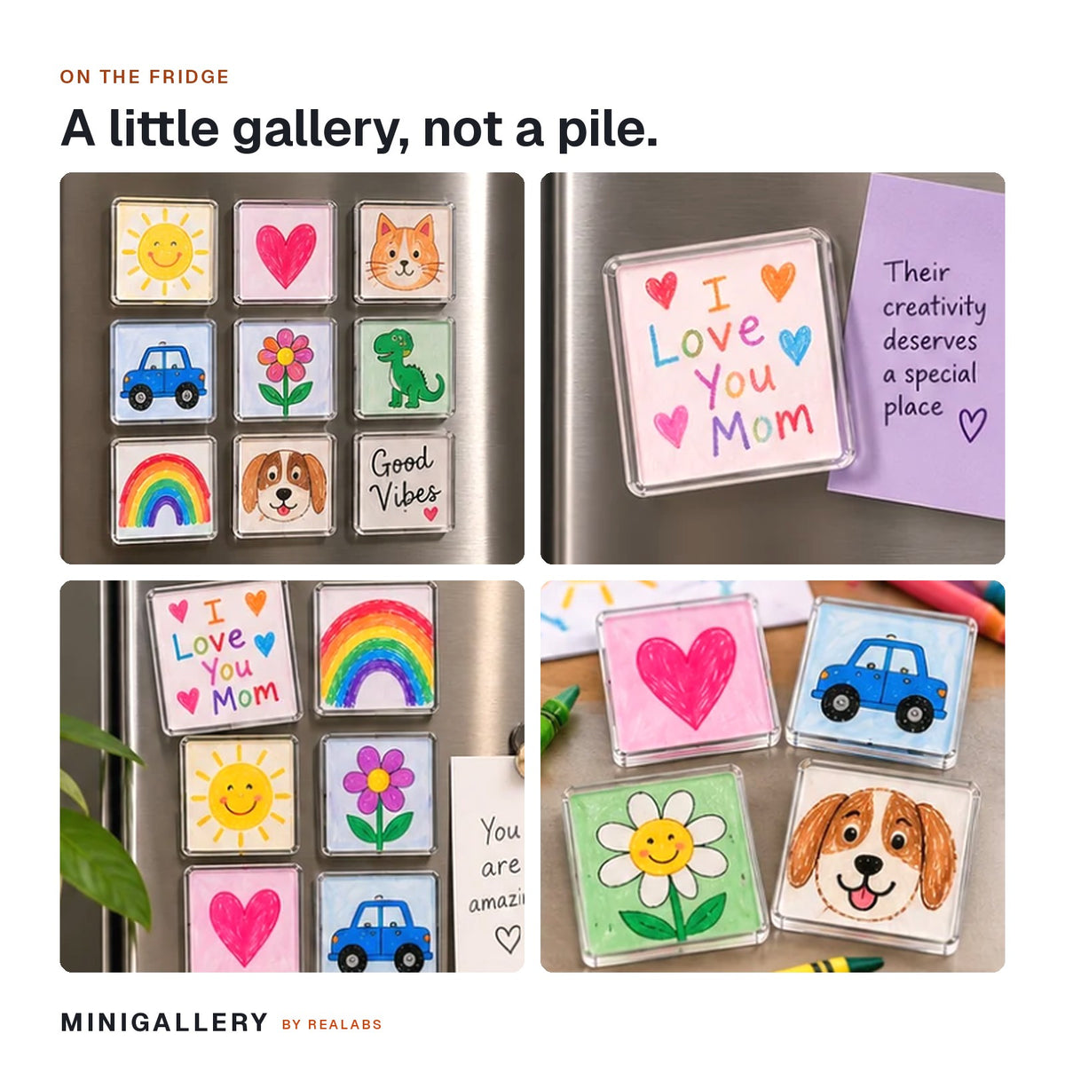 Minigallery magnets with children's drawings in neat rows on a fridge and laid out on a kitchen table
