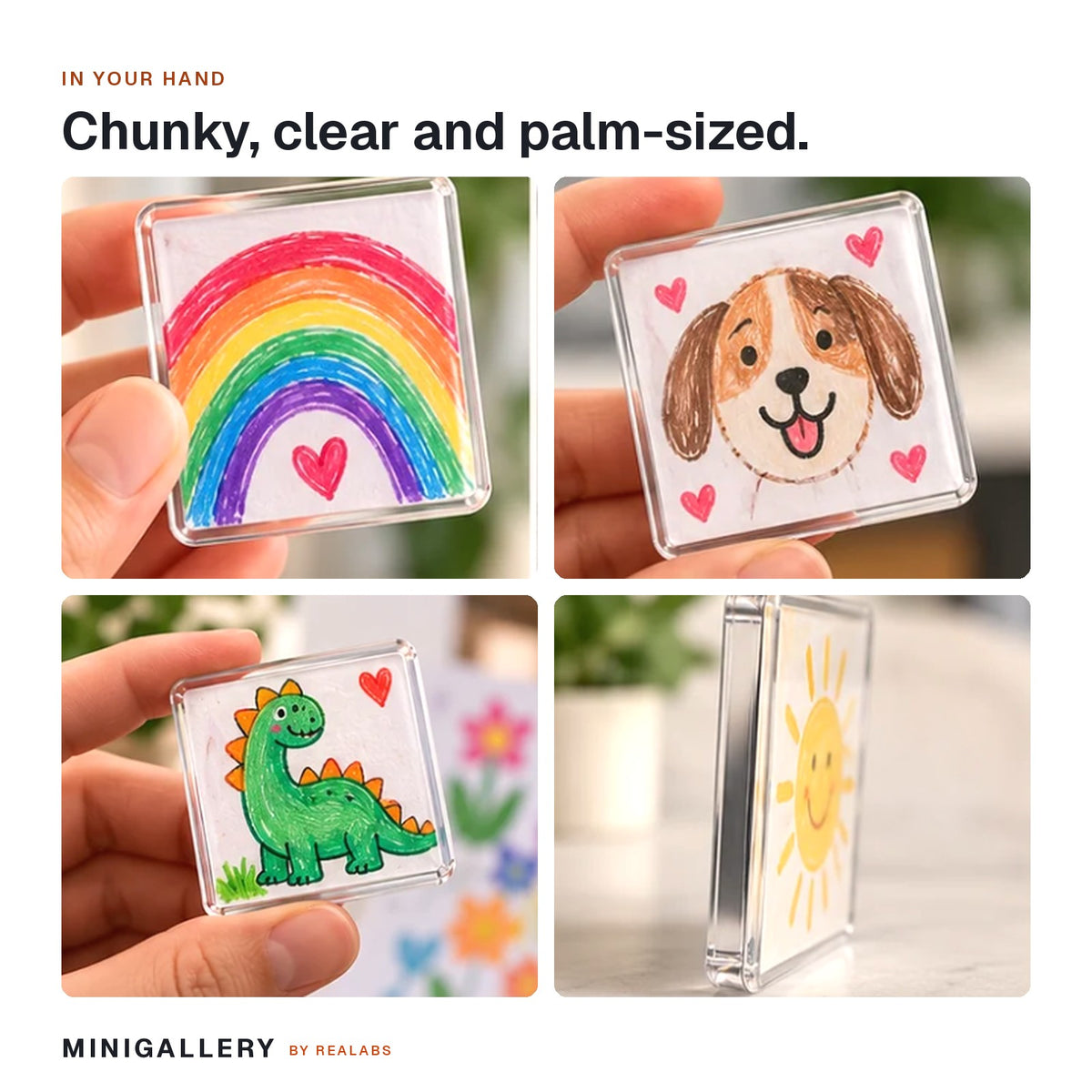 Minigallery magnets held between finger and thumb, showing their palm size and chunky clear acrylic edge