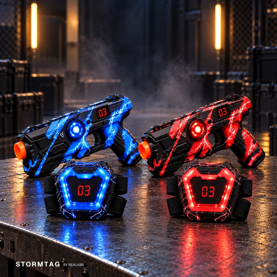Stormtag 2-player laser tag set — a blue and a red blaster with their chest vests, lives display reading 03