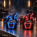 Stormtag 2-player laser tag set — a blue and a red blaster with their chest vests, lives display reading 03