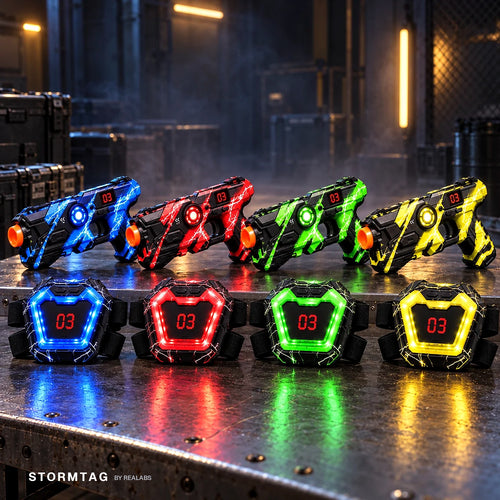 Stormtag 4-player laser tag set — blue, red, green and yellow blasters with four glowing chest vests