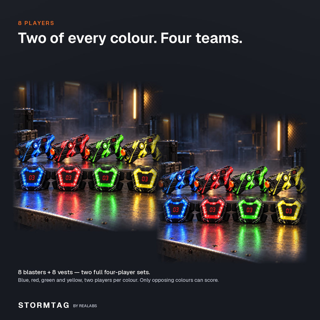 Stormtag 8-player set — two full four-player sets, two blasters and two vests per colour