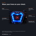 The Stormtag chest vest with callouts: power, team select, lives display, LED ring, adjustable strap; infrared receiver on the chest plate, 3 AAA batteries not included