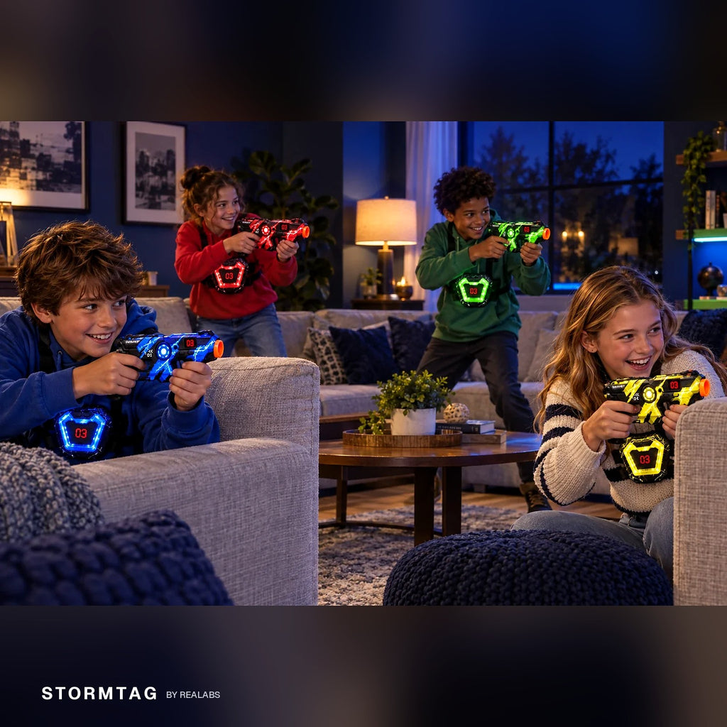 Four kids playing Stormtag laser tag in a living room at night, blasters and vests glowing blue, red, green and yellow