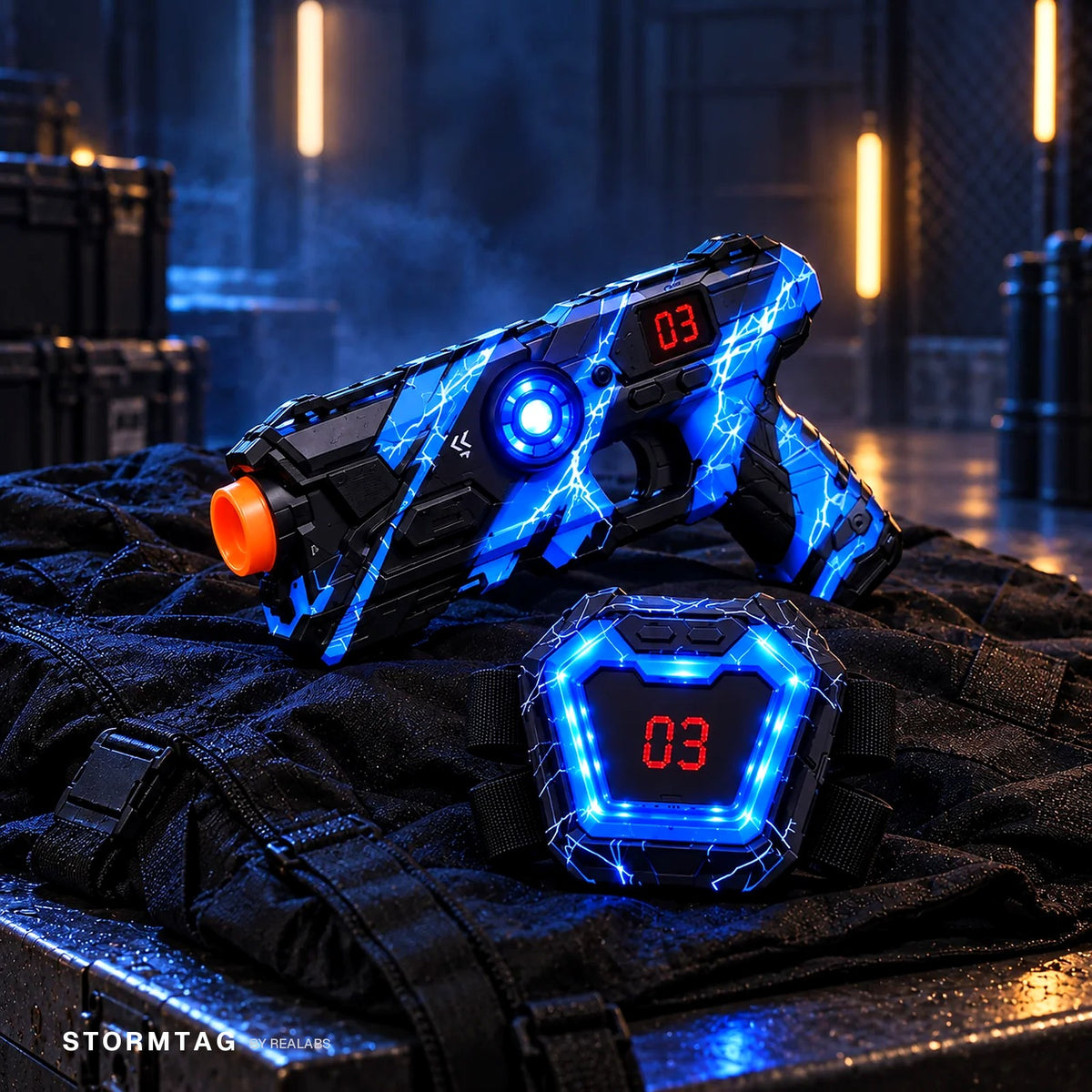 Stormtag blue team — blaster and chest vest glowing blue, lives display reading 03