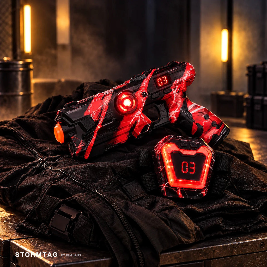 Stormtag red team — blaster and chest vest glowing red, lives display reading 03