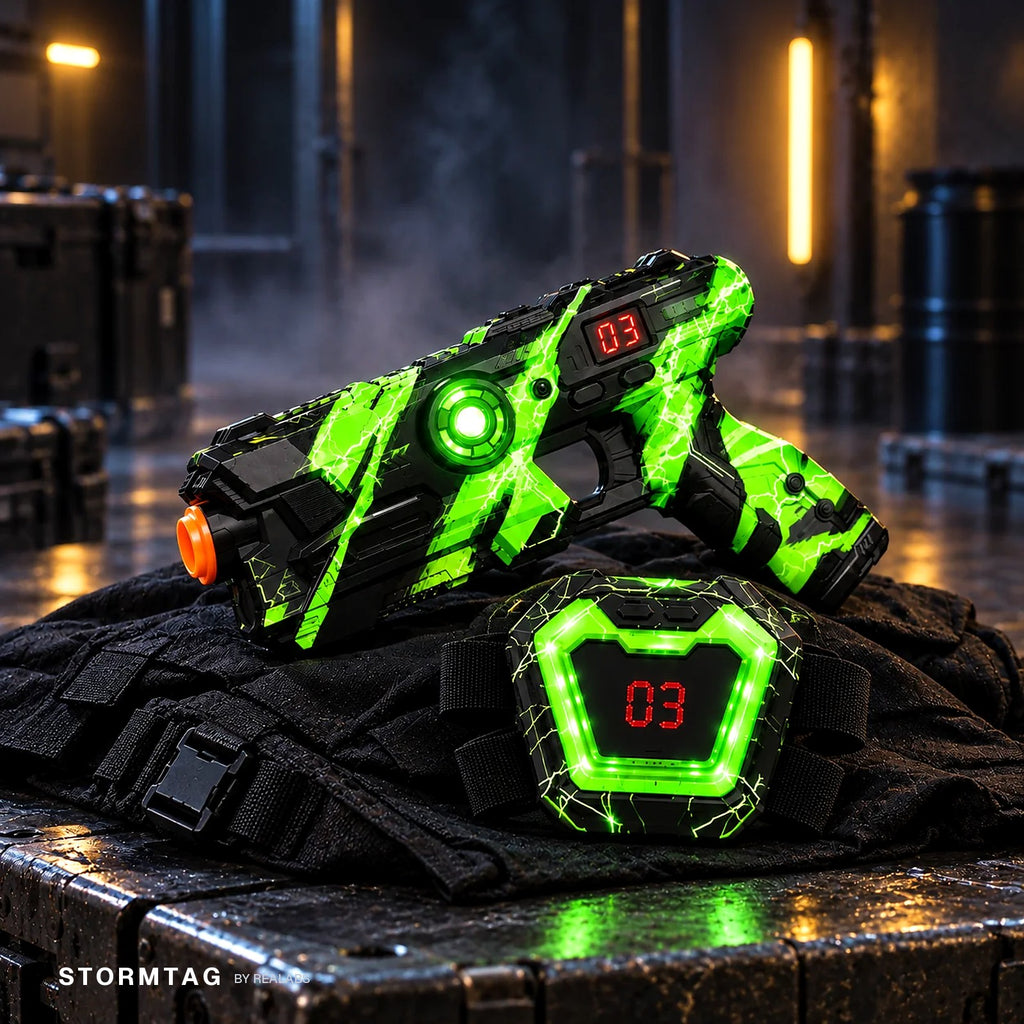Stormtag green team — blaster and chest vest glowing green, lives display reading 03