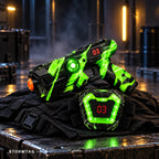 Stormtag green team — blaster and chest vest glowing green, lives display reading 03