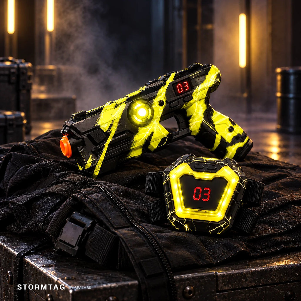 Stormtag yellow team — blaster and chest vest glowing yellow, lives display reading 03