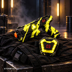 Stormtag yellow team — blaster and chest vest glowing yellow, lives display reading 03